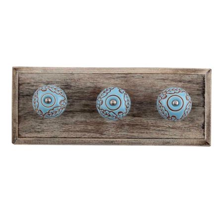 Turquoise Base Brown Leaf Flower Etched Ceramic Wooden Hooks
